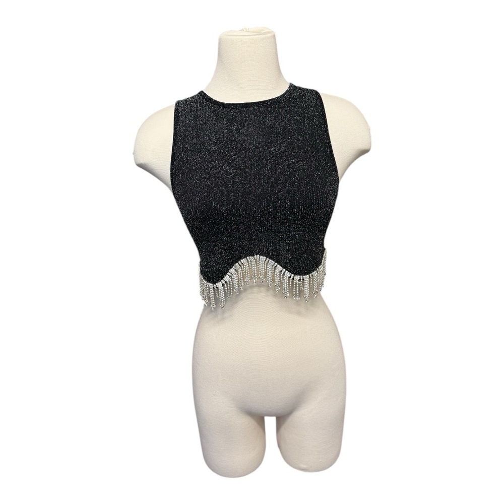 EXPRESS Black Sleeveless Top with Silver Fringe